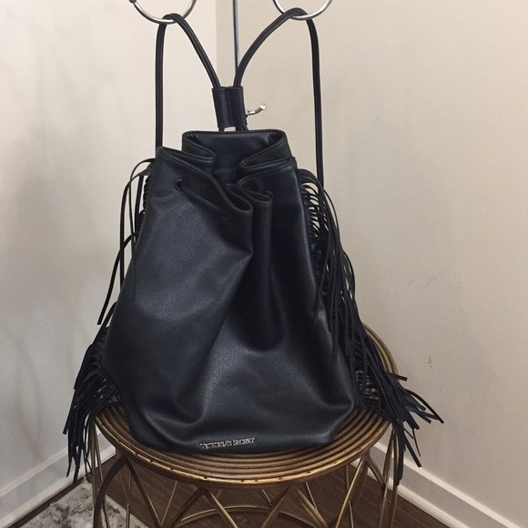 Victoria's Secret Handbags - Victoria’s Secret Black Backpack/Purse w/ Fringe